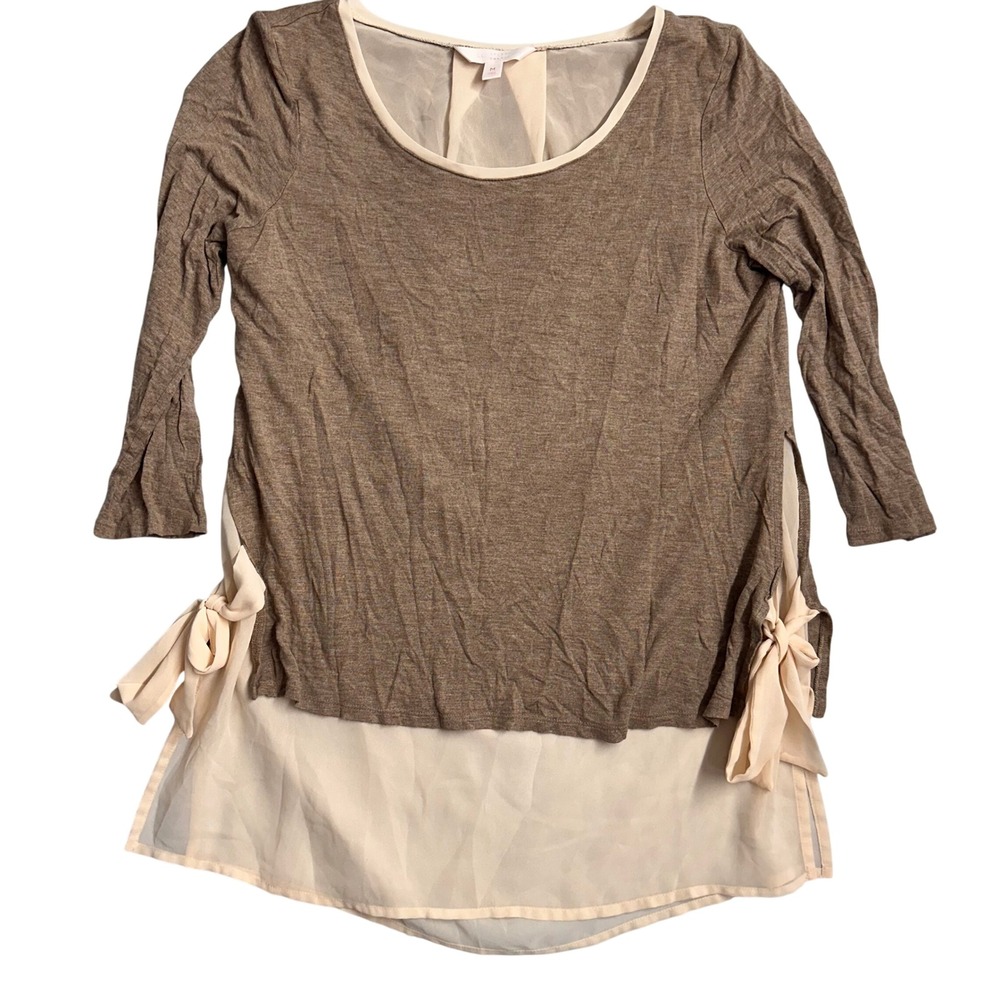 LC‎ Lauren Conrad Womens Top Brown Beige Long Sleeve Side Tie Tunic Blouse M